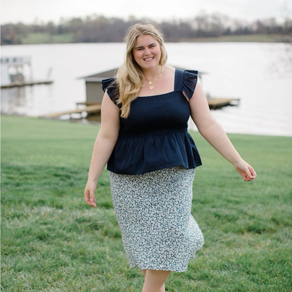 Plus Size dark navy Ruffle-Sleeve Peplum Top
